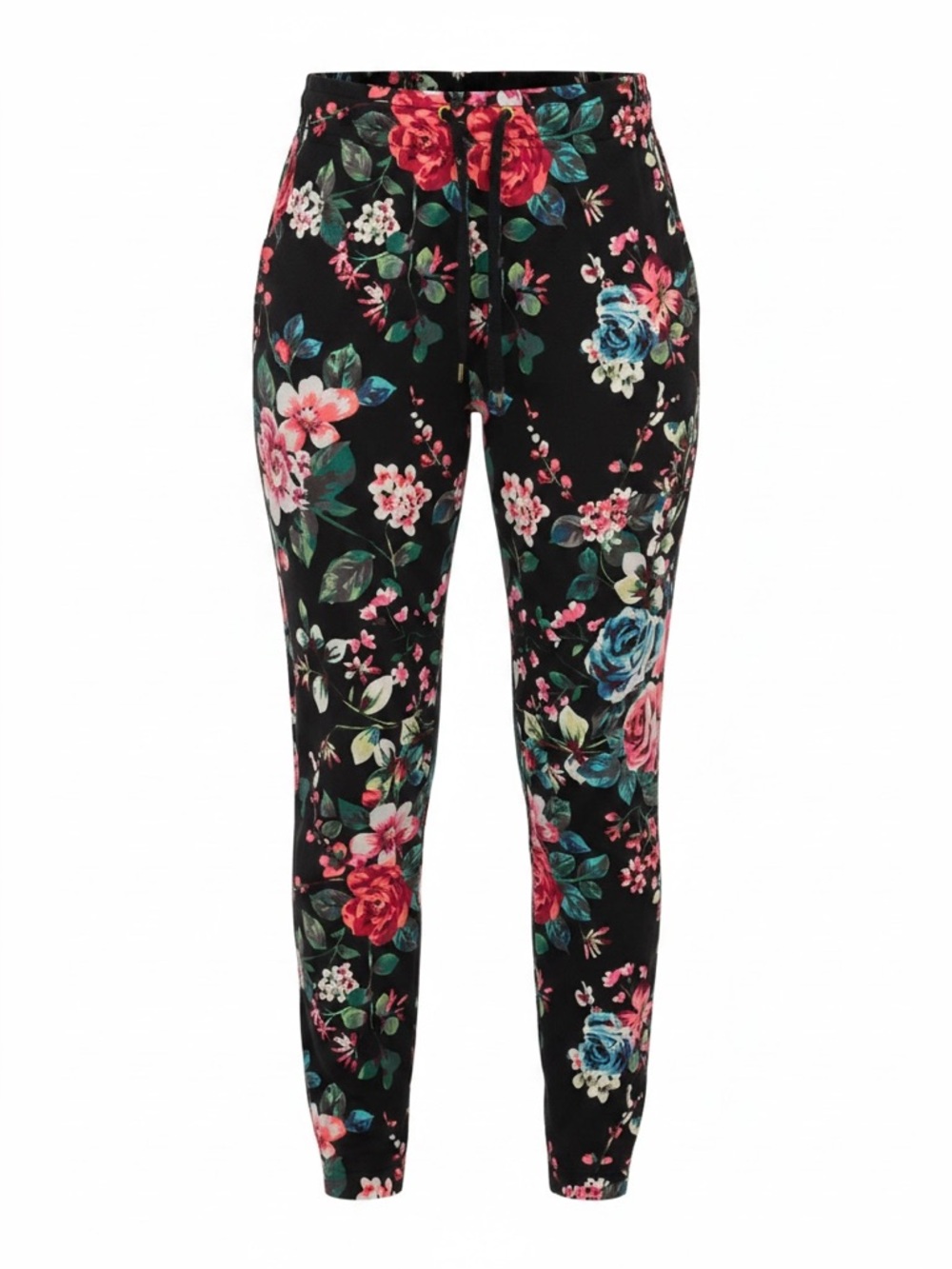 Express Black Floral Drawstring Joggers - Pink & Teal Roses, pockets, Large